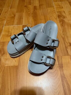 J/SLIDES Light Gray Double Buckle Slide Sandals